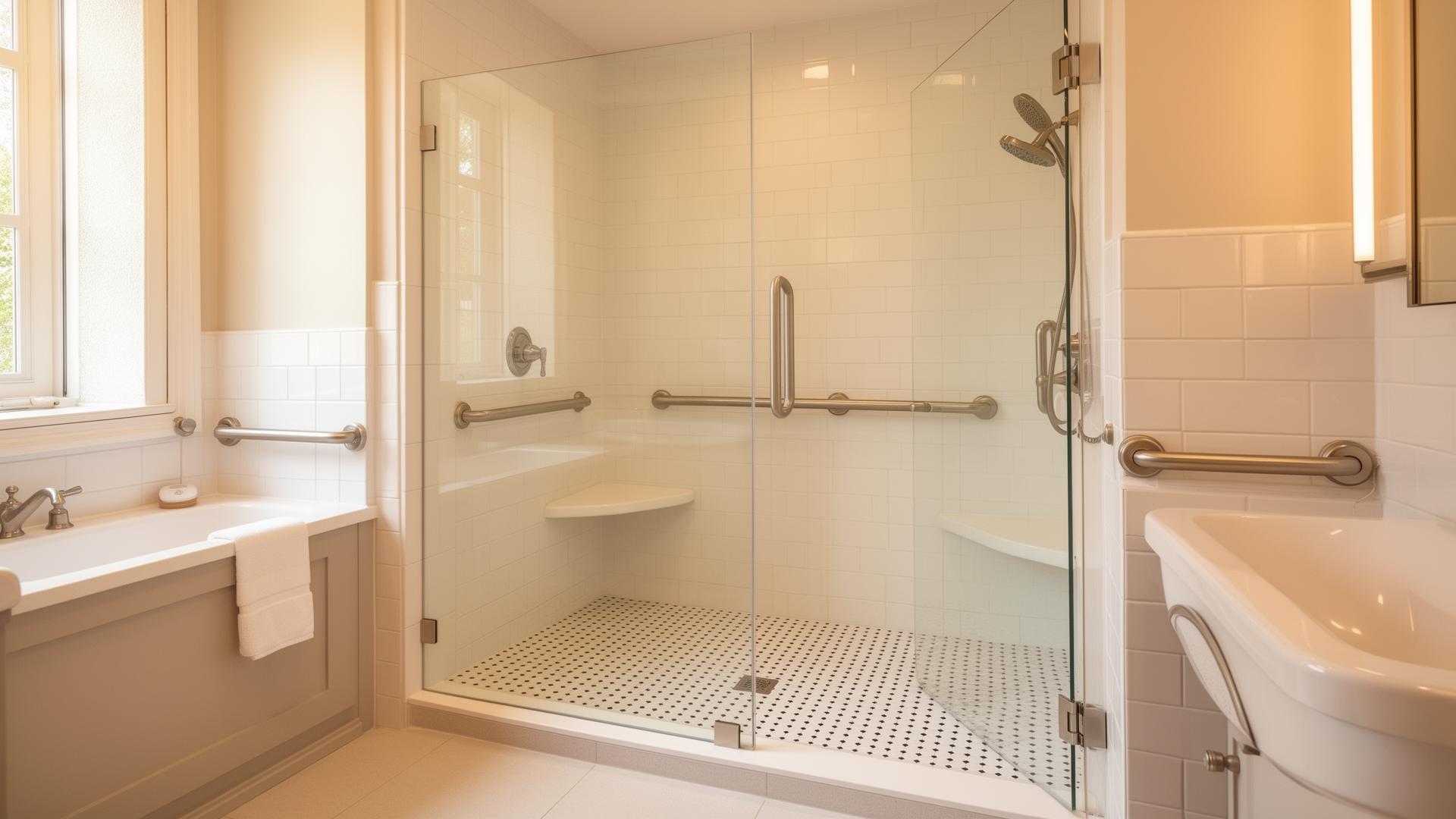Salle de bain senior sécurisée avec douche accessible et barres d'appui